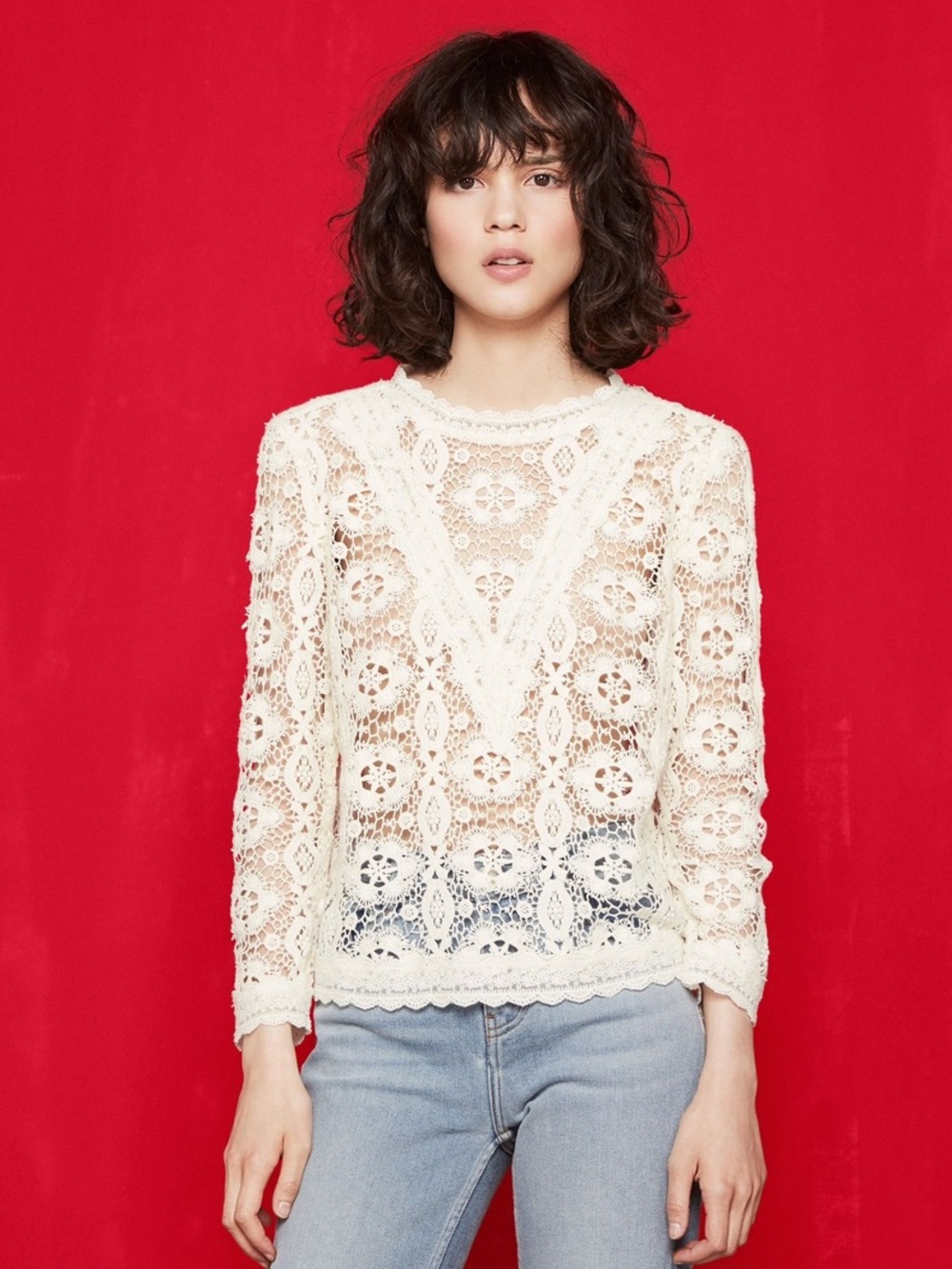 Maje Ivory Crochet Lace Long Sleeve Top
